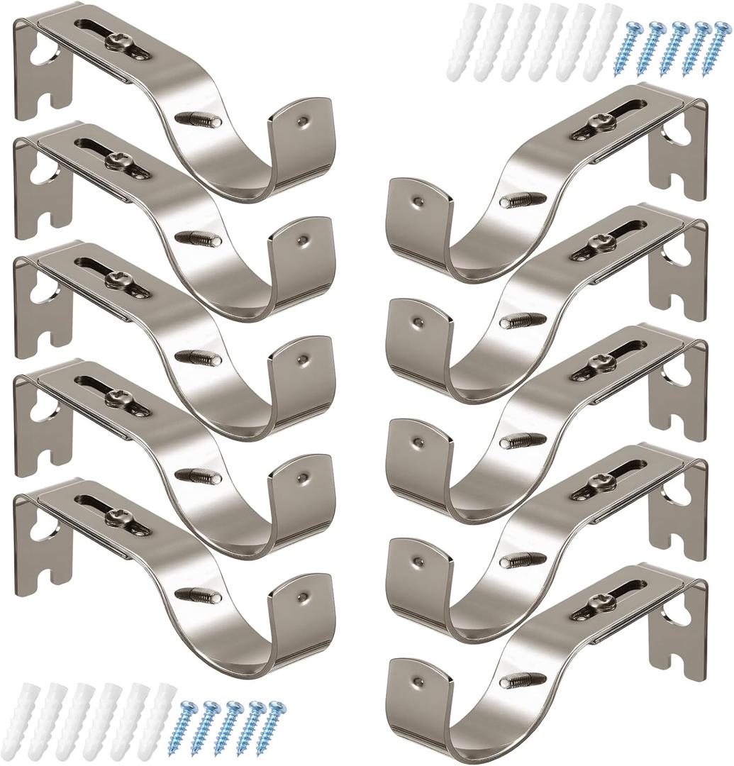 Frienda 10 Pcs Brushed Silvery Curtain Rod Support Brackets Adjustable Curtain Rod Hangers for 1 Inch Diameter General Hardware Holders Wall Bracket Hanger Hooks with Screws