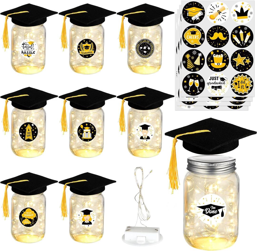 8 Pack 2026 Graduation Centerpieces for Tables Mason Jar Centerpieces with LED Lights Graduation Party Decorations Set with Caps and Stickers for High School College Congrats Grad Decor Supplies
