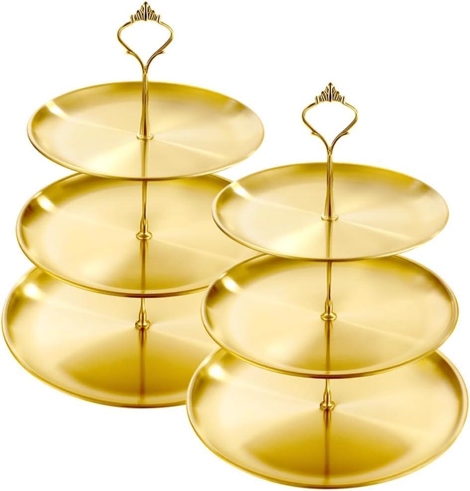 2 Set Stainless Steel Cupcake Stand, Gold Metal Serving Tray Cake Holder Cake Display Stand for Holiday Dessert Table Decorations Birthday Party Wedding (3 Tier x 2)