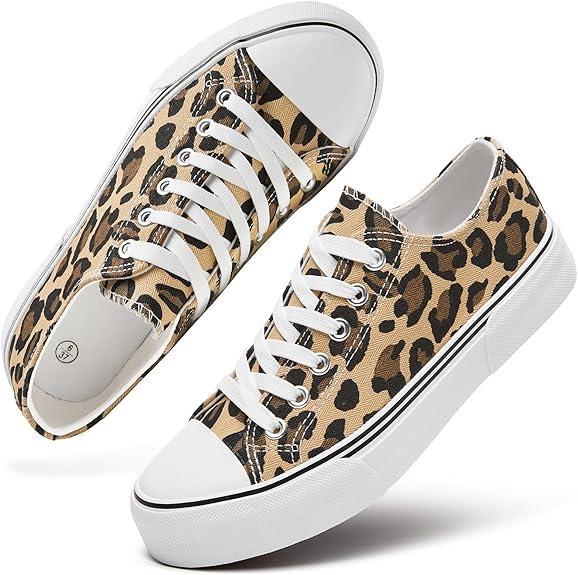 White Sneakers for Women Low Top Canvas Shoes Womens Canvas Sneakers Women's Fashion Sneakers Slip on Casual Tennis Shoes, Leopard Size US 10.5