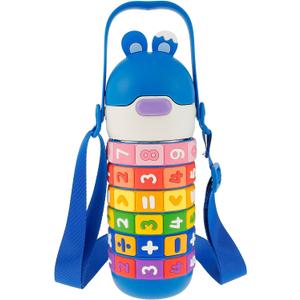 430ml Kids Insulated Water Bottle Stainless Steel Kid Cup with Silicone Straw Leakproof Water Bottle with Sealing Kid Tumbler with Handle Adjustable Shoulder Strap Cute Girls Boys Water Mug (Blue)