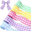 Dingion 5 Roll Gingham Ribbon Spring Pastel Plaid Ribbon Ruffled Edge Checkered Decorative for Wreath Bow Making DIY Crafts Wrapping Wedding Bouquet Decor(Wired,2.5 Inch X 5 Yards)