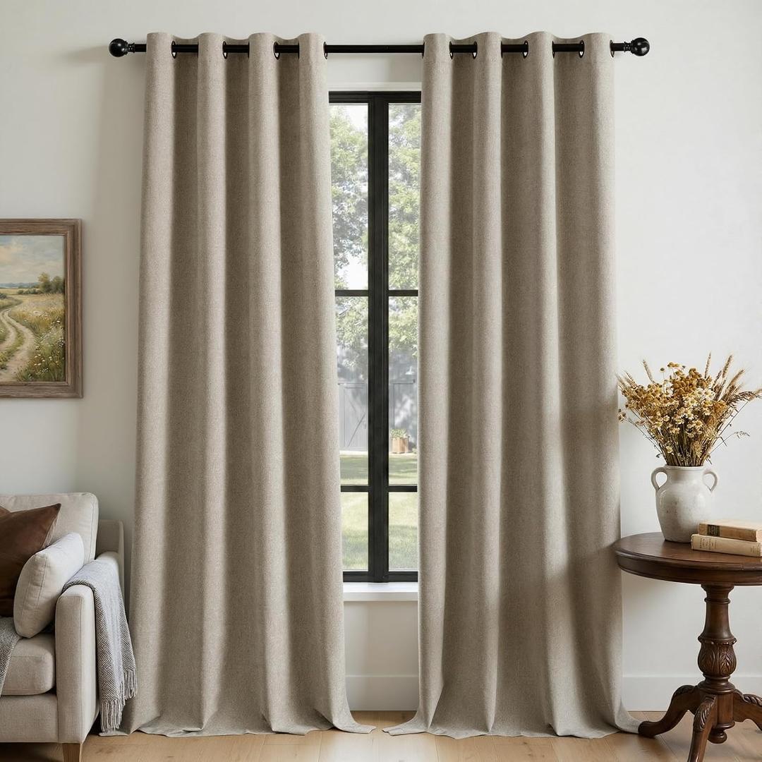 100% Blackout Curtains for Bedroom, Luxury Chenille Thermal Insulated Drapes for Living Room, Energy Saving Room Darkening 96 Inch Long Curtains, Grommet Top, 2 Panels, 52" W x 96" L, Khaki