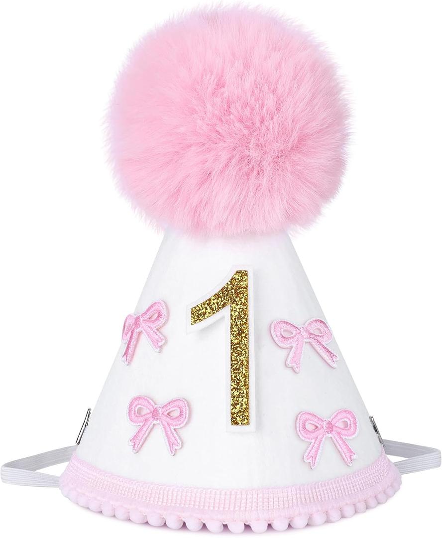 Babenest Felt Birthday Party Hat with Pompom Handcrafted Adjustable Cone Hat, First Birthday Crown for Half to 5th Celebration Party Decor Photo Props (Pink Bow)