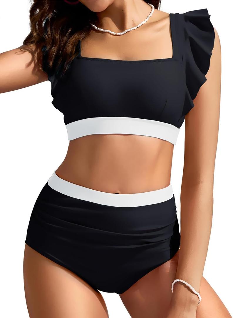 Kate Kasin Womens High Waisted Bikini Sets Ruffle Tummy Control Swimsuits Full Coverage Cheeky Two Piece Bathing Suit, Size: X-Large