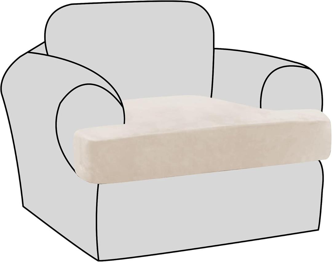 H.VERSAILTEX Stretch Velvet T Couch Cushion Cover Seat Cushion Cover for Chair Recliner Wingback Chair Furniture Protector Sofa Cushion Slipcover with Elastic Bottom(Armchair,Ivory)