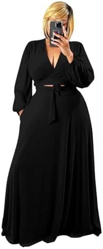 Plus Size Women's 2 Piece Outfits Casual Long Sleeve Wrap Crop Top Maxi Long Dress Flowy Matching Sets, XL