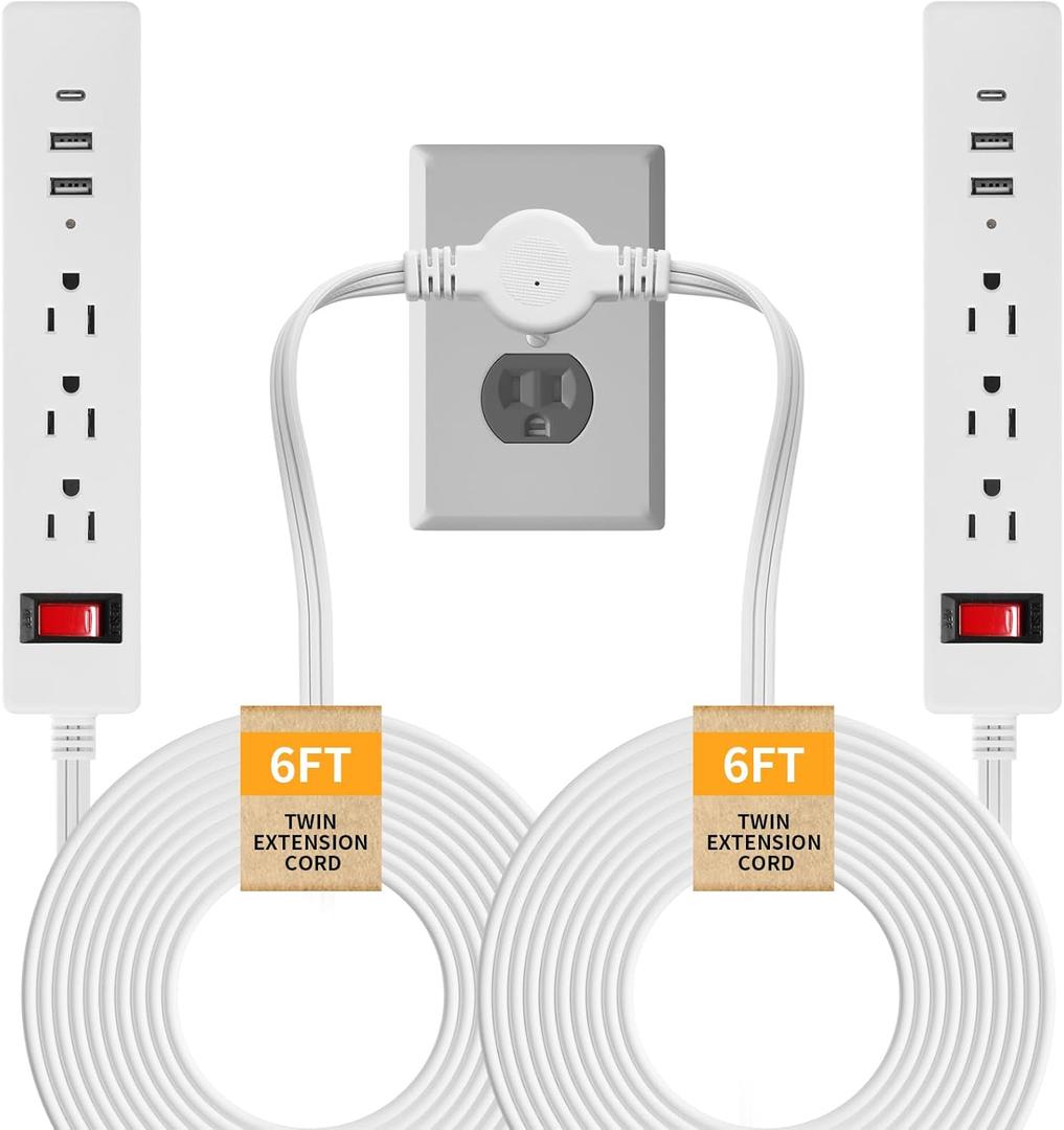 Twin Extension Cord - 12 FT Split Extension Cord, 6 Outlets and 6 USB Ports - Double Power Strip, 3 Prong and Flat Plug, for Behind Bed, Couch, Nightstands, Vanity, Furniture