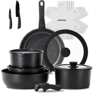 JEETEE Pots and Pans Set Non Stick 17pcs, Kitchen Cookware Sets with Detachable Handle, Induction Nonstick Cookware Set with Removable Handle, Stackable RV Cookware, Oven Safe, PFAS/PFOA Free, Black