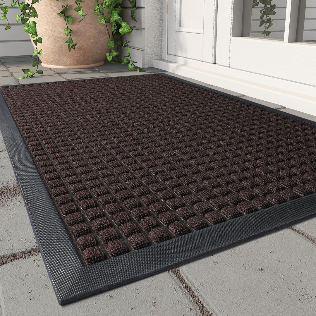 MontVoo-Door Mat Outside Entrance Outdoor Indoor Front Doormat for Entryway-Durable Rubber Backed Welcome Entry Mat Non Slip Dirt Trapper Absorbent-Brown 17x30