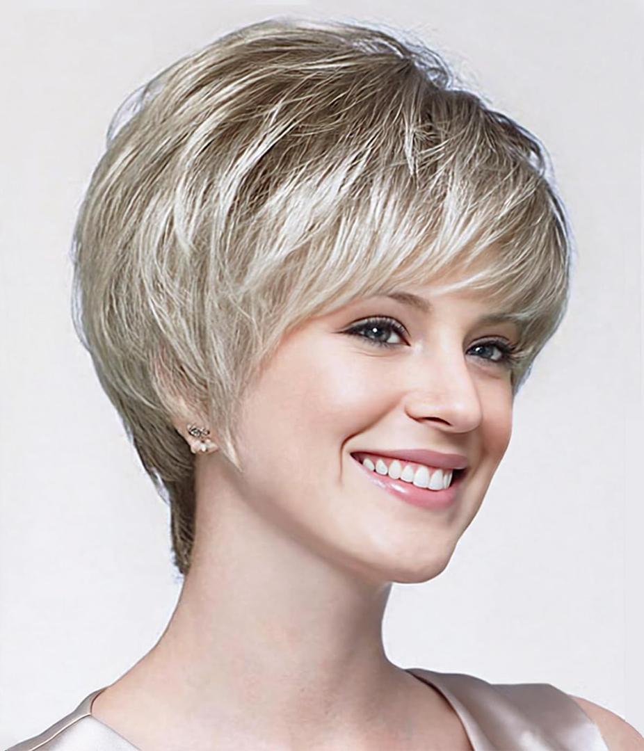 SEVENCOLORS Short Blonde Pixie Cut Wigs for White Women Blonde Mix Brown Synthetic Wigs Natural Looking Short Hair Wig with Bangs