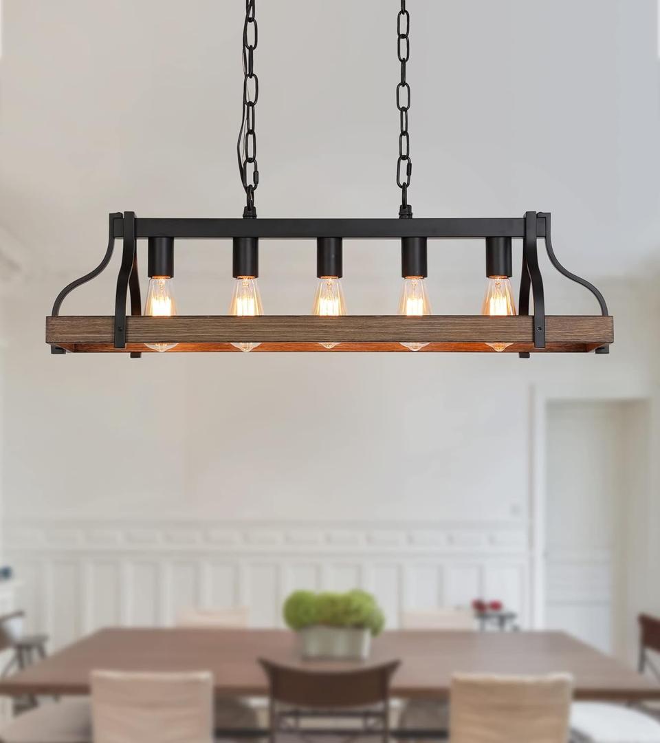 Rustic Kitchen Island Dining Room Light Fixture Farmhouse Linear Chandelier Black and Retro Wood Finish 5-Light Industrial Metal Hanging Pendant Light UL Listed L33.5 W10.6 (5-Light retro wood)