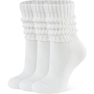 CLOSEMATE Womens Scrunch Crew Socks Retro Soft Cotton Cozy Slouchy Socks for Sneakers Boot 3 Pairs (White)