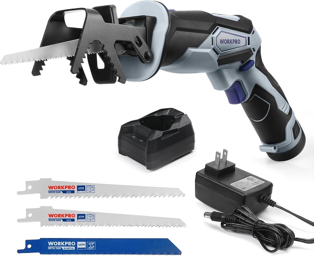 WORKPRO 12V Cordless Reciprocating Saw with Clamping Jaw, 2.0Ah Li-Ion Battery with 1 Hour Fast Charger, Variable Speed and Tool-Free Blade Change, 3 Saw Blades for Wood & Metal Cutting