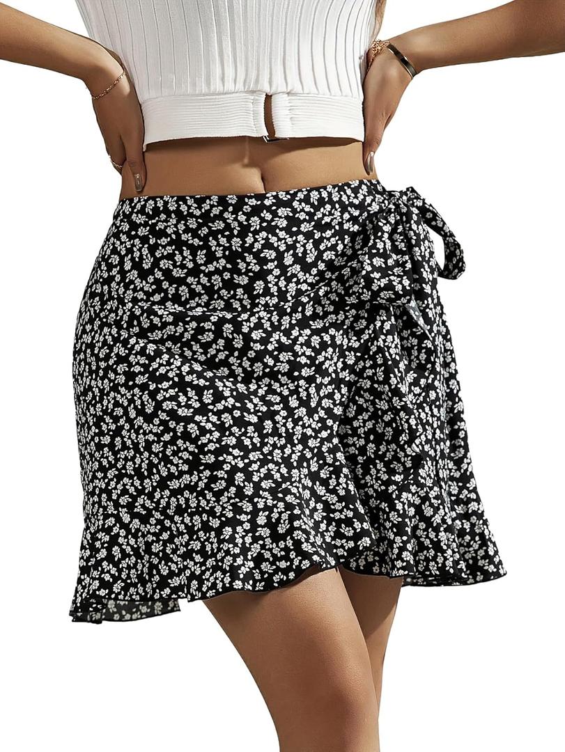 YHYJMY Summer Skirts for Women High Waist Side Tie Wrap Skirt Boho Drawstring Flowy Floral Mini Skorts for Holiday (Black, L)