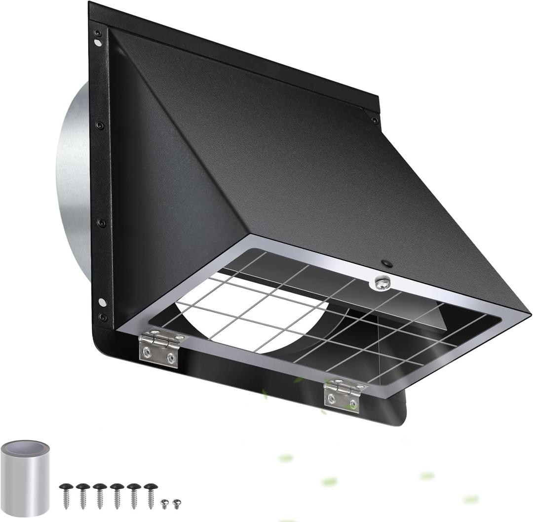 4 Inch Dryer Vent Cover Outside,Galvanized Steel Hooded Wall Vent Cover with Screen & Flap,Metal Wall Mount Exhaust Vent Cover,Exterior Dryer Vent Hood Outdoor Dryer Vent Cover for Bathroom Fan-Black