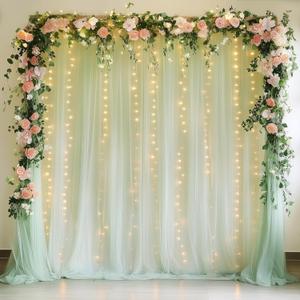 Tulle Backdrop Curtain with Lights String 10FT X 8FT Sage Green Sheer Tulle Backdrop Curtains for Wedding Birthday Party Reception Photo Booth Background Decorations (Set of 2 Panels 5x8FT)