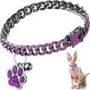 Hillban Cat Collar Diamond Chain Glitter Collar Walking Metal with Secure Buckle Cat Pet Necklace with Paw Charm and ID Tag Bell Link Cuban Jewelry Accessories Gift(10 Inch,Steel Black, Purple)