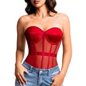 Kaei&Shi Sheer Mesh Overbust Corset, Sexy Strapless Lace Up Satin Bra Corsets Top For Women Shapewear Red Large