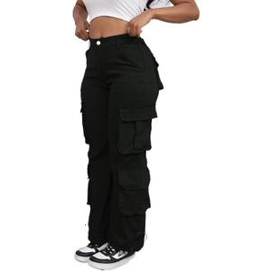 Cargo Pants for Women Elastic Waisted Straight Wide Leg Casual Pants with Multi Pockets (Medium, Black2984)