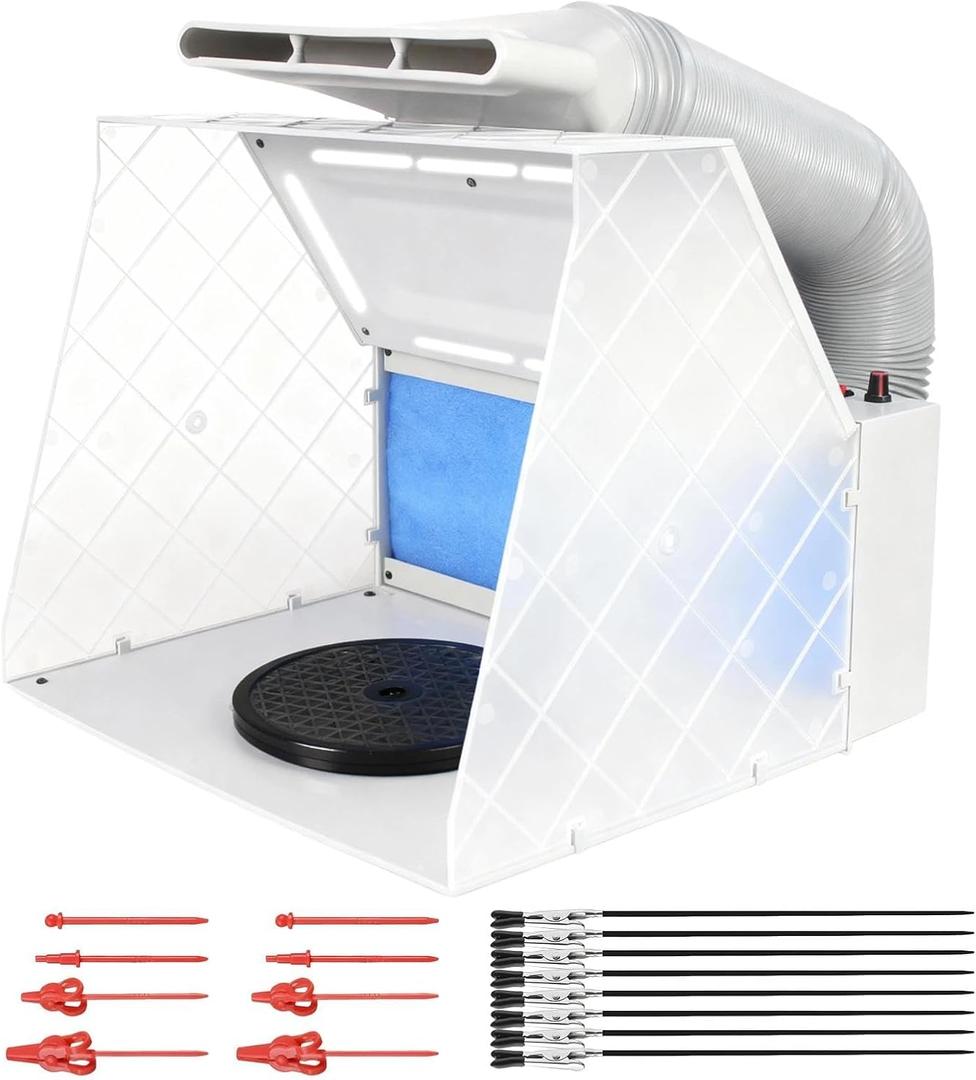 HUBEST Airbrush Spray Booth Kit with 8 LED Lights & 16 Alligator Clips, Adjustable Speed Fan Paint Booth with Retractable Hose, Turntable, Professional Hobby Work Station for Models,DIY Crafts, RC