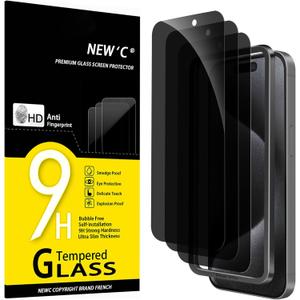 NEW'C 3 Pack Privacy for iPhone 15 Pro Screen Protector (6.1 inches), Anti-Spy Tempered Glass Film,Case Friendly Ultra Resistant,Balanced 28-Degree Privacy Angle - Easy installation tool included