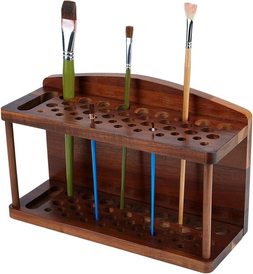 PH PandaHall 2-Tier Wood Paint Brush Holder 44-Slots Pen Display Stand Pencil Holder Rack Watercolor Brush Holding Rack Makeup Brush Organizer for Desk School Office Home Store Art Supply Storage