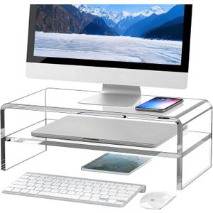 Clear Acrylic Monitor Stand Riser 2 Tier, 5.12 Inches High Clear Computer Desk Organizer Shelf for Multi Media PC Storage Laptop