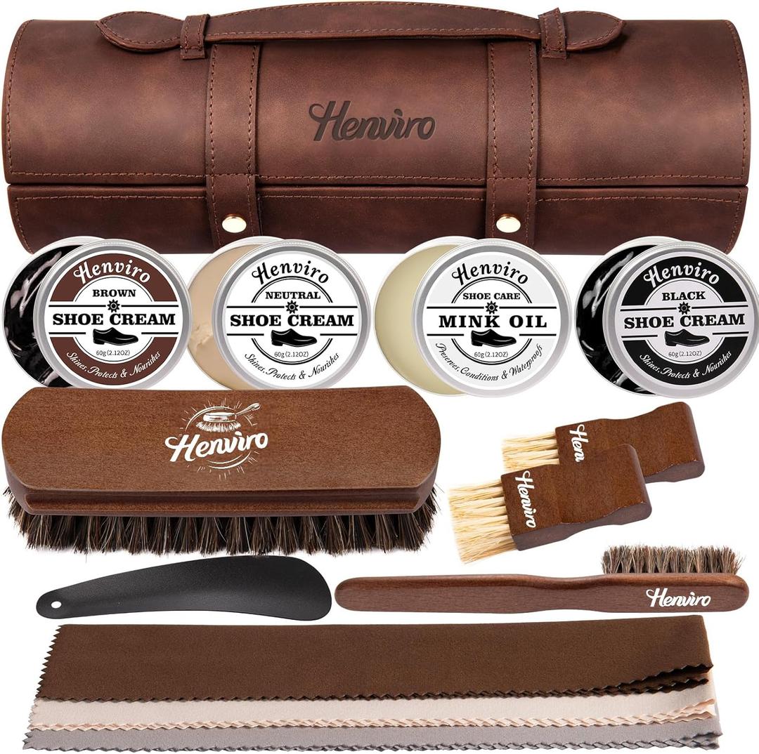 Henviro Leather Shoe Polish Kit - Birthday Gifts for Men, Dad, Shoe Shine Kit, Leather Boot Care Kit, Mens Gifts Ideas (Brown)