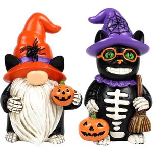 Halloween Gnome Decorations Black Cat Decor 2 PCS Home Vintage Figurines Funny Resin Tabletop Ornaments Indoor Holiday Collectible Statue for Women Men Kids
