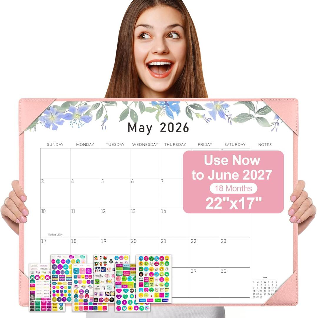 Gannyfer Desk Calendar 2026-2027 with Desktop Mat, Large 22" x 17" Desk Pad Calendar, 18-Month Calendar Use Now Through Jun 2027, Office Supplies for Home School Office, Pink with 6 Stickers