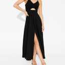 BTFBM Women 2025 Summer Spaghetti Strap Midi Dress Sleeveless V Neck Cutout Slit Casual Beach Party Maxi Dresses Pockets (Black, S)