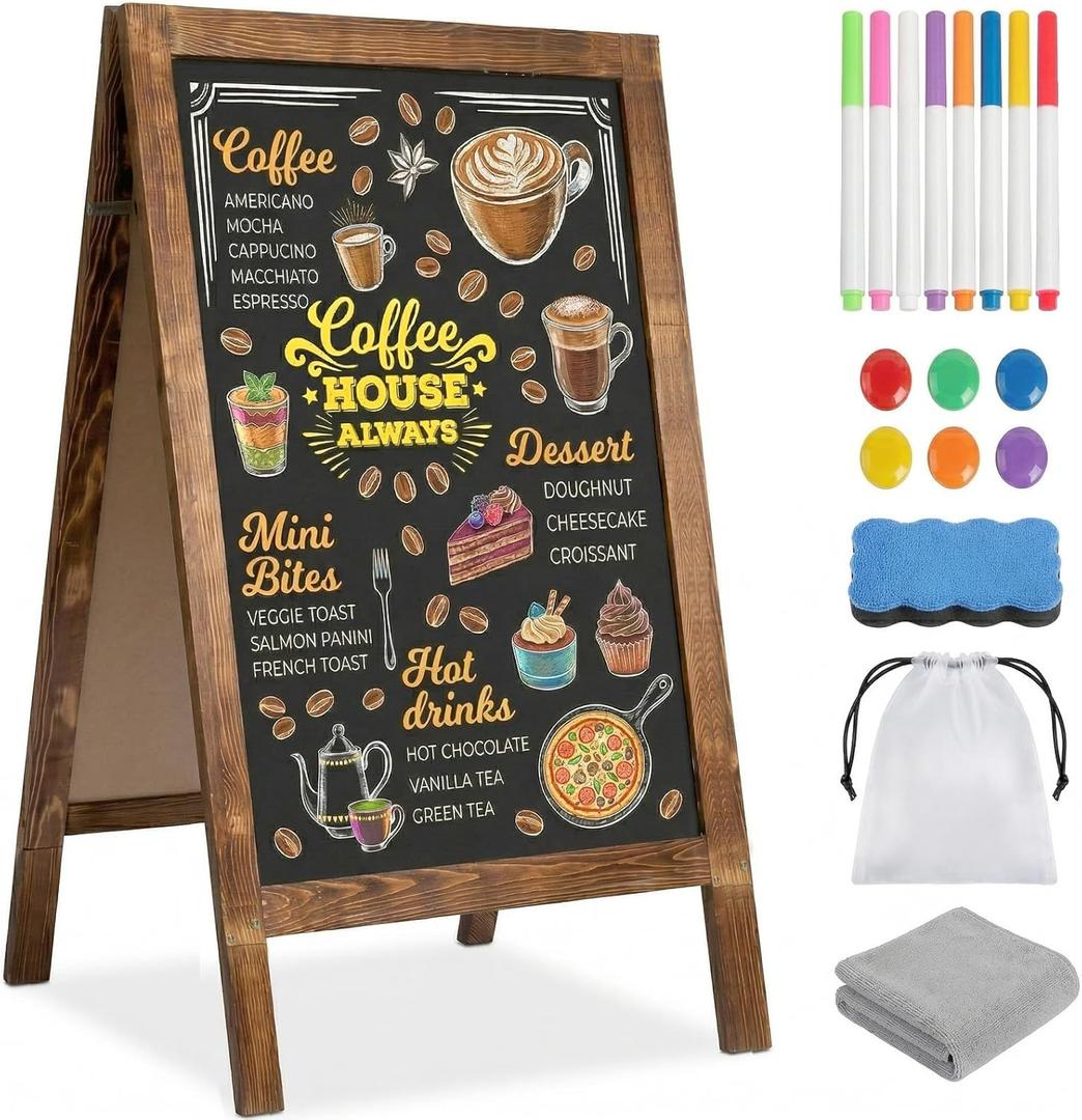 Double-Sided A-Frame Chalkboard Sign 40x20, Magnetic Sidewalk Sign with Solid Pine Wood Frame, Large Chalkboard Easel Menu Board for Restaurants, Cafes, Weddings & Outdoor Display with Accessories
