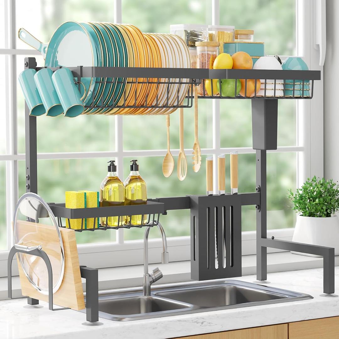 Sakugi Over The Sink Dish Drying Rack - Adjustable 2 Tier Large Capacity Stainless Steel Drainer with Cutlery & Utensil Holders, Kitchen Storage & Organization, 30"-33.9" L x 11" W x 21.5" H, Gray (Standard - 3 Baskets)