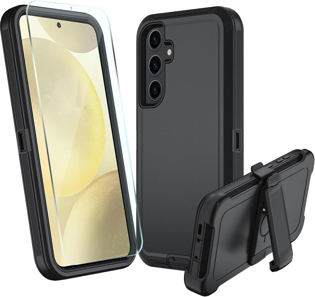 for Samsung Galaxy S24 FE 5G Case, S24 FE Heavy Duty case, [Belt Clip Holster] [Glass Screen Protector] [Military Grade Protective ] [Shockproof] [Dropproof] [Dust-Proof] (Black)