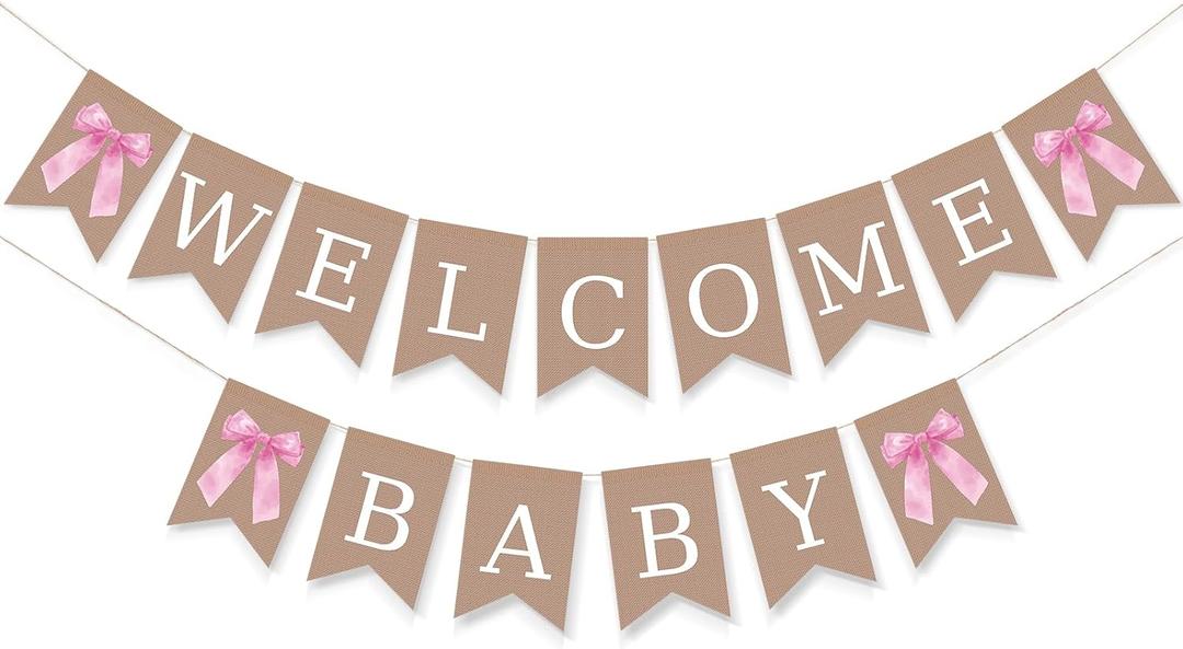 2 Pcs Welcome Baby Burlap Banner Pink Bow Baby Shower Decorations Gender Reveal Party Banner for Backdrop Photo Props Bow Theme Decor