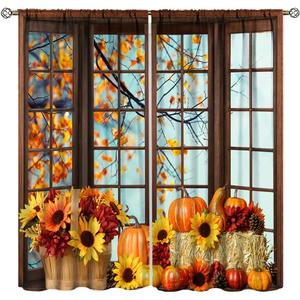Autumn Blackout Curtains Outside The Window Maple Leaves Pumpkin Sunflower Decorative Curtains for Kitchen Bedroom Living Room 27.5x63in,2 Panel Set