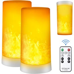 LED Flame Effect Light, Upgraded Flame Lamp 4 Modes USB Rechargeable Fire Lights with Remote & Timer, Waterproof Pillar Flickering Lanterns for Bathroom Patio Wedding Halloween Home Decor 2 Pack