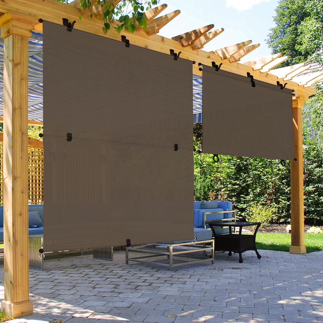 6'Wx6'H Patio Shades Roll Up Outdoor 240GSM Foldable Roller Shades Exterior Porch Blinds Sun Screen for Outside Deck Pergola Balcony, Brown