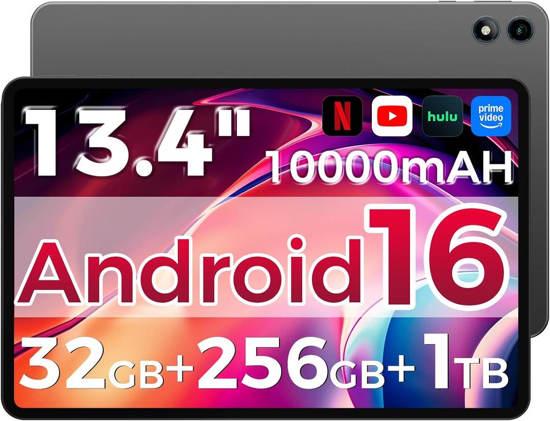 Android 16 Tablet,13.4 inch Large Tablet with Octa-Core Processor, 32GB RAM + 256GB ROM, 10000mAh Battery,1920x1200 IPS, 2.4/5Ghz Dual WiFi/5+8MP/GPS/Gemini AI/Widevine L1, Case Included