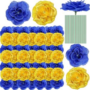 Yunlly 100 Pcs Artificial Flowers Fake Silk Roses Long Stem Rose Bouquet Wedding Party Home Decor for DIY Baby Shower Centerpieces Tables Home Decorations(Blue, Gold)