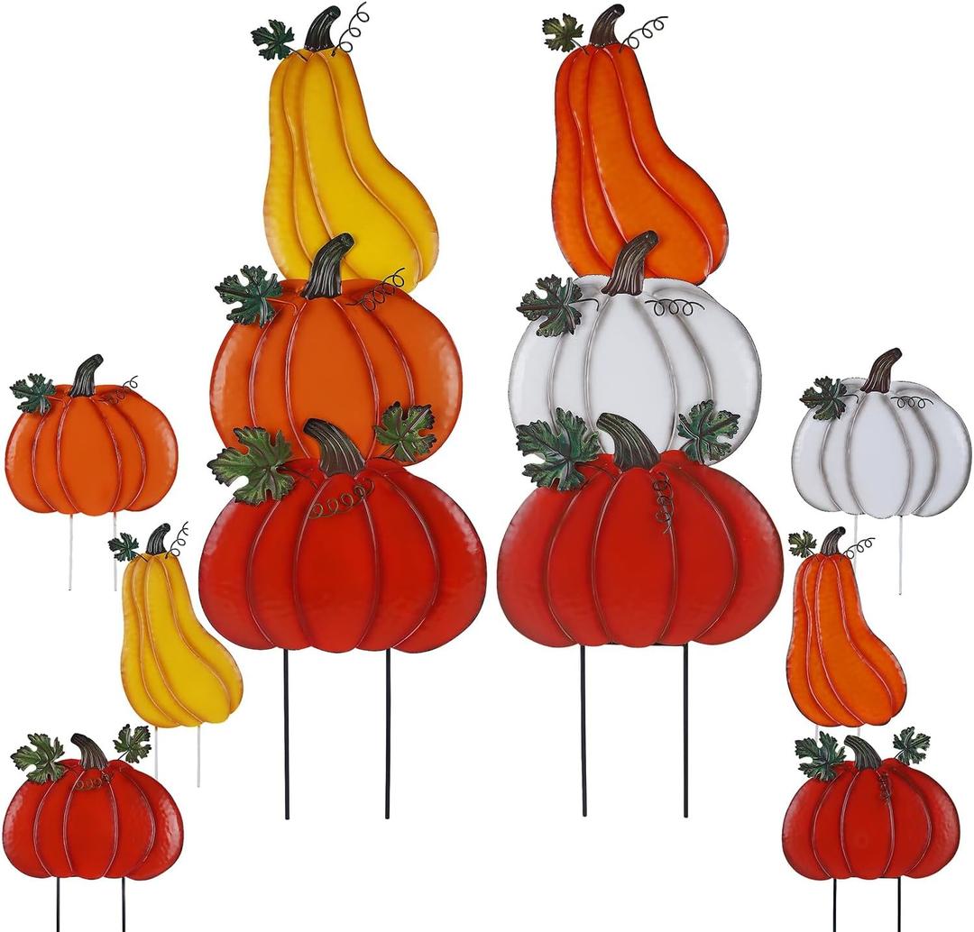 Juegoal 2 Pack Fall Decorations Outdoor Garden Stakes, 33 Inch Stacked Metal Thanksgiving Pumpkins Yard Signs, Decorative Pumpkin Stake for Home Fall Autumn Harvest Halloween Patio Lawn Decor