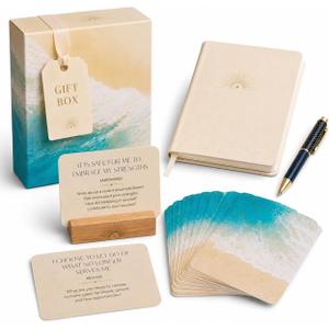 Journal Prompt Cards for Anxiety and Stress Relief | 55 Nervous System-Safe Affirmations + Guided Prompts, By a Nervous System Educator, Lined Journal & Wooden Stand Included