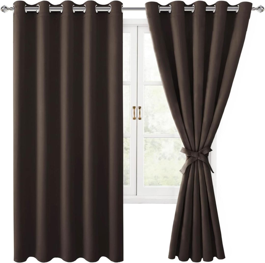 Hiasan Grommet Blackout Curtains for Bedroom, 60 x 72 Inches - Thermal Insulated & Light Blocking Window Drapes for Living Room/Dorm Room, Set of 2 Panels Sewn with Tiebacks, Brown