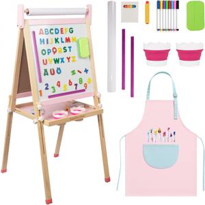 Kids Wooden Easel with Paper Roll, Adjustable Magnetic Double Sided Drawing Board Whiteboard & Chalkboard Dry Easel Board, Children Art Easel for 3-12 Years Kids Boys Girls Painting Drawing (Pink)