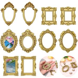 10 Pcs Mini Vintage Picture Frame Resin Antique Resin Photo Frames Small Oval Rectangle Wall Hanging Picture Frame Gold DIY Jewelry Display Decor for Photography Phone Party Christmas Wedding