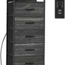 Nightstand 5 Drawer Dresser with Charging Station, Side Table with Fabric Drawers, End Table with Open Shelf, Bedside Table with USB Ports and Outlets, Tall Dresser for Bedroom, Hallway, Black