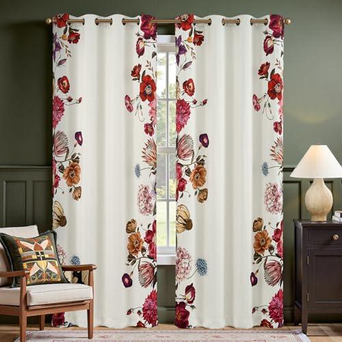 Jinchan Hannah Floral Blackout Curtains with Retro Vintage Beige Boho Flower Print Drapes for Bedroom Living Room Fall Decor Window Curtains Room Darkening 84 Inches Length 2 Panels Set with Grommet