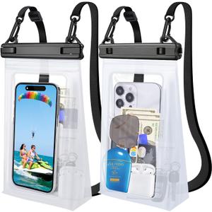 2 Pack Large Waterproof Phone Pouch Floating, Waterproof Phone Case for iPhone 16 15 14 13 Pro Max Galaxy S25 S24 All Devices, IPX8 Double Sealing, Water Proof Bag for Beach Water Park (White+White)
