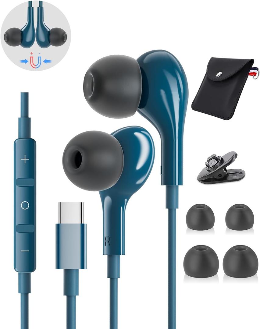 USB C Headphones for iPhone 15 Plus 16 Pro 17 Pro Max Samsung Galaxy Headphones S24 S23 Ultra S25 S22 S21 A56 A55 A54 A16 Pixel Xiaomi Wired Earbuds Magnetic in-Ear Type C Earphones with Microphone (Blue)